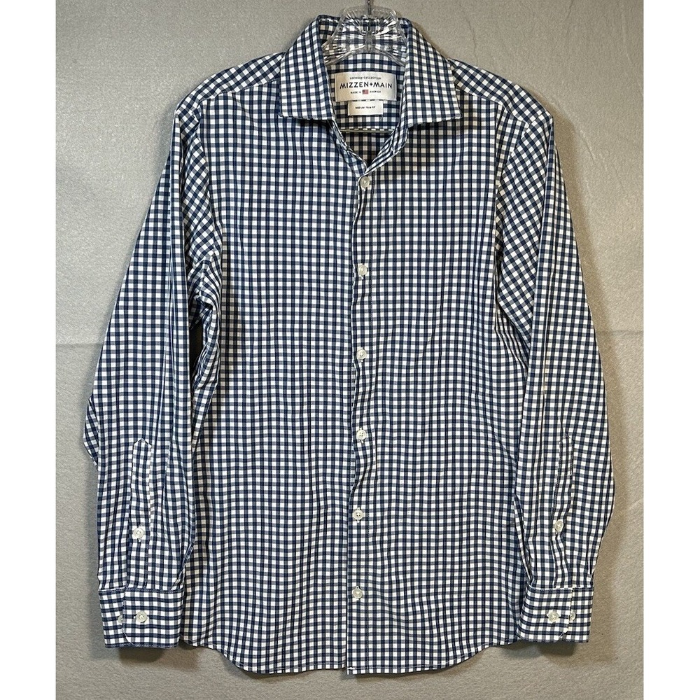 MIZZEN+MAIN Leeward Mens MEDIUM Trim Fit Blue White Check Button Up Shirt